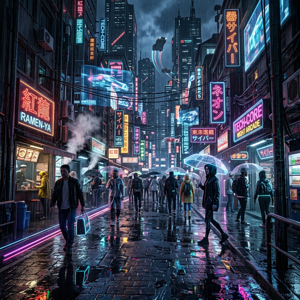 赛博朋克风格未来城市街道 AI绘画提示词